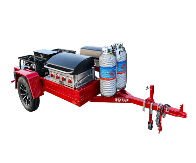 Red trailer with a grill and propane tanks on a black background
