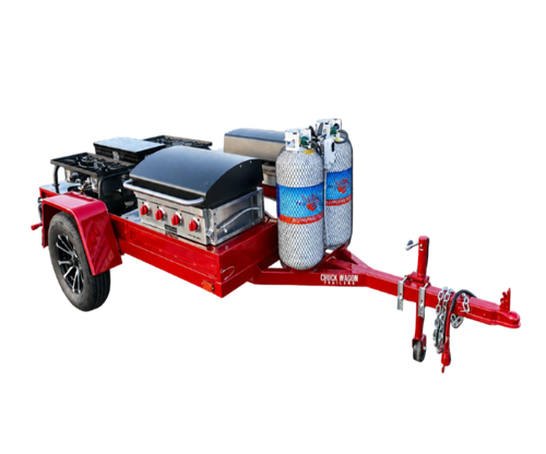 Red trailer with a grill and propane tanks on a black background